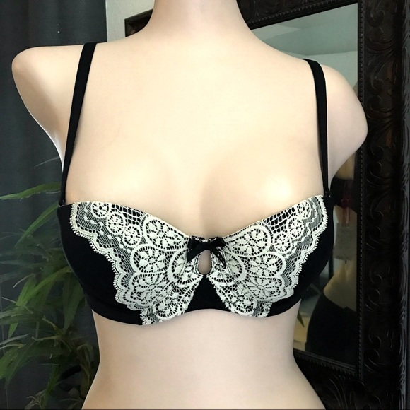 Black/Cream Butterfly Balconette Push Up Bra Set - Picture 2 of 7